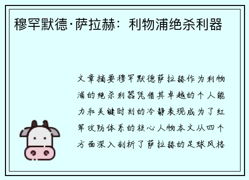 穆罕默德·萨拉赫:利物浦绝杀利器 穆罕默德·萨拉赫:利物浦绝杀利器